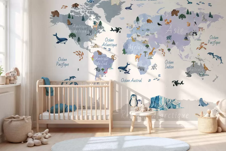 murales de pared Un mapa azul de estilo acuarela en el que aparecen animales, plantas y elementos arquitectónicos. Rótulos en francés c00009frv1