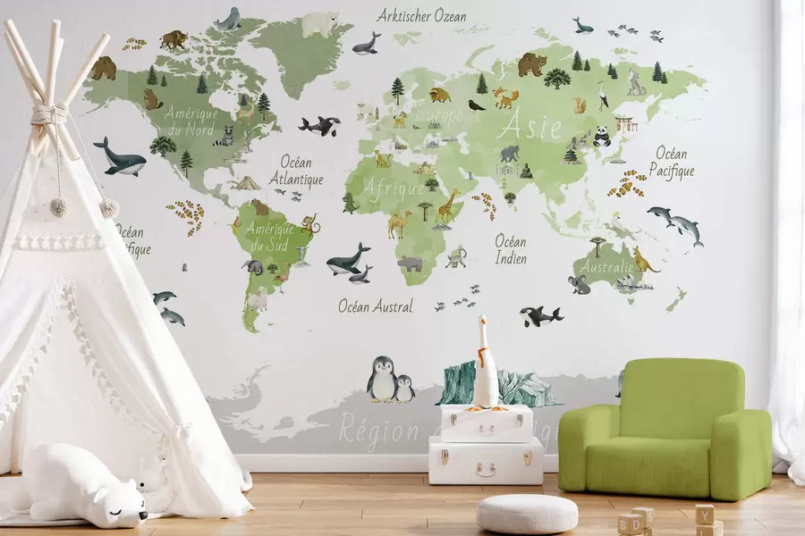 murales de pared Un mapa de Green en estilo acuarela con animales, plantas y arquitectura. Etiquetas en francés c00009frv2
