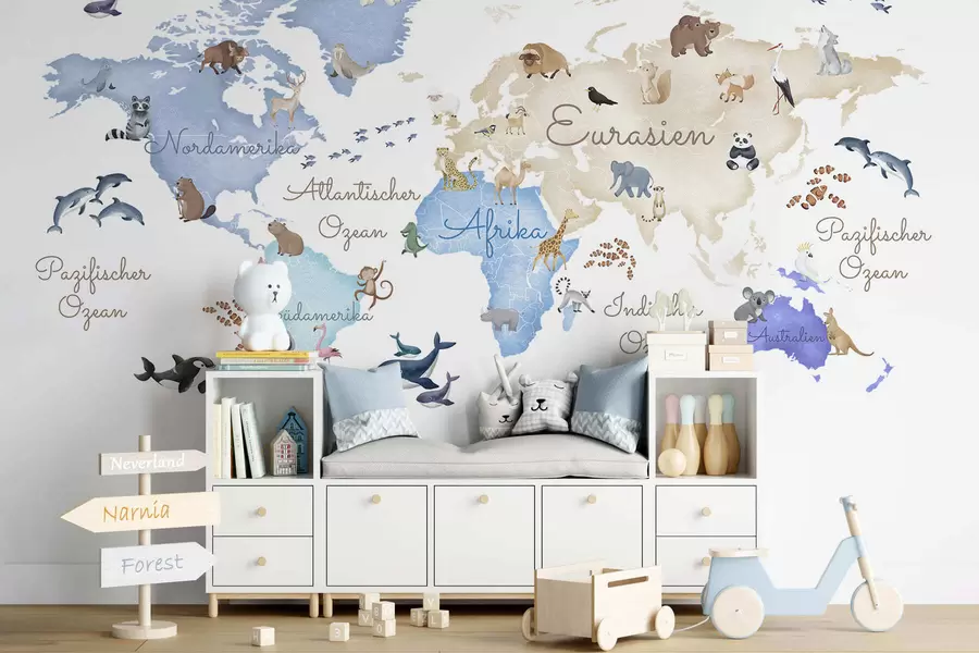 murales de pared Un mapa azul de estilo acuarela con animales. Etiquetas en alemán c00012dev1