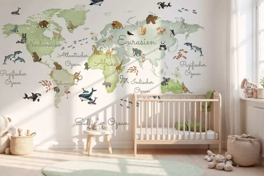 murales de pared Un mapa verde con estilo de acuarela en el que aparecen animales. Etiquetas en alemán c00012dev2