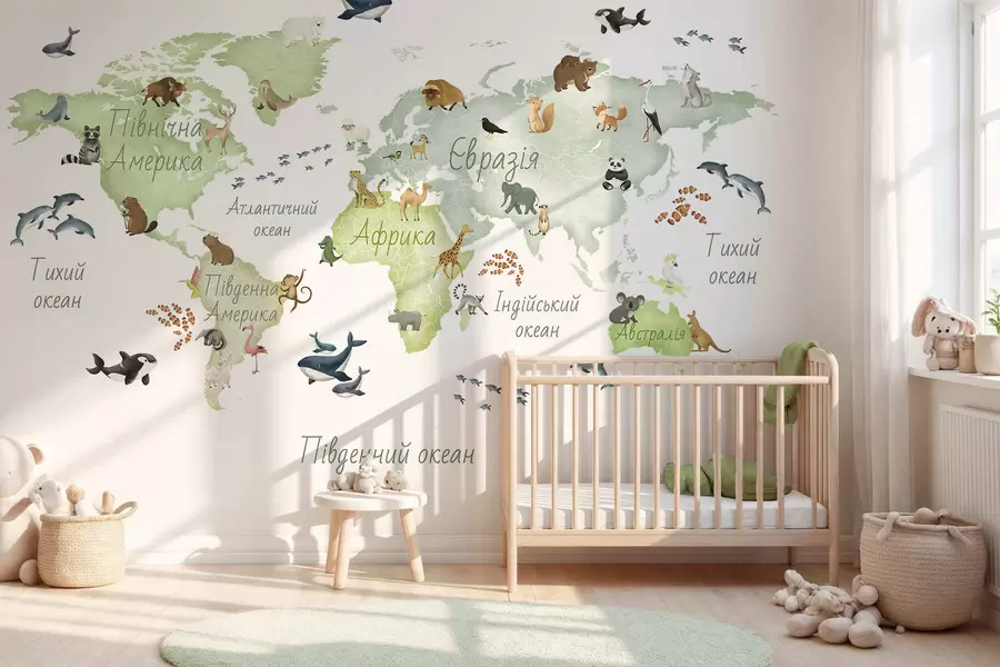 murales de pared Un mapa verde con estilo de acuarela en el que aparecen animales. Etiquetas en ucraniano c00012ukv2