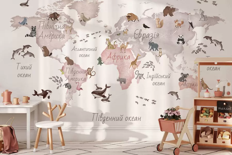 murales de pared Un mapa en tonos beige, con un estilo de acuarela, en el que aparecen animales. Rótulos en ucraniano c00012ukv3