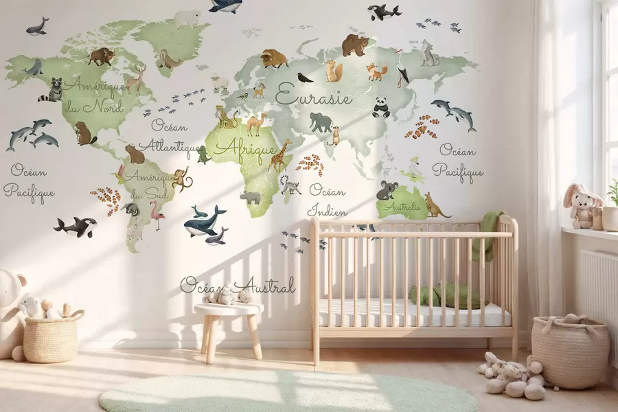 murales de pared Un mapa verde de estilo acuarela con animales. Etiquetas en francés c00012frv2