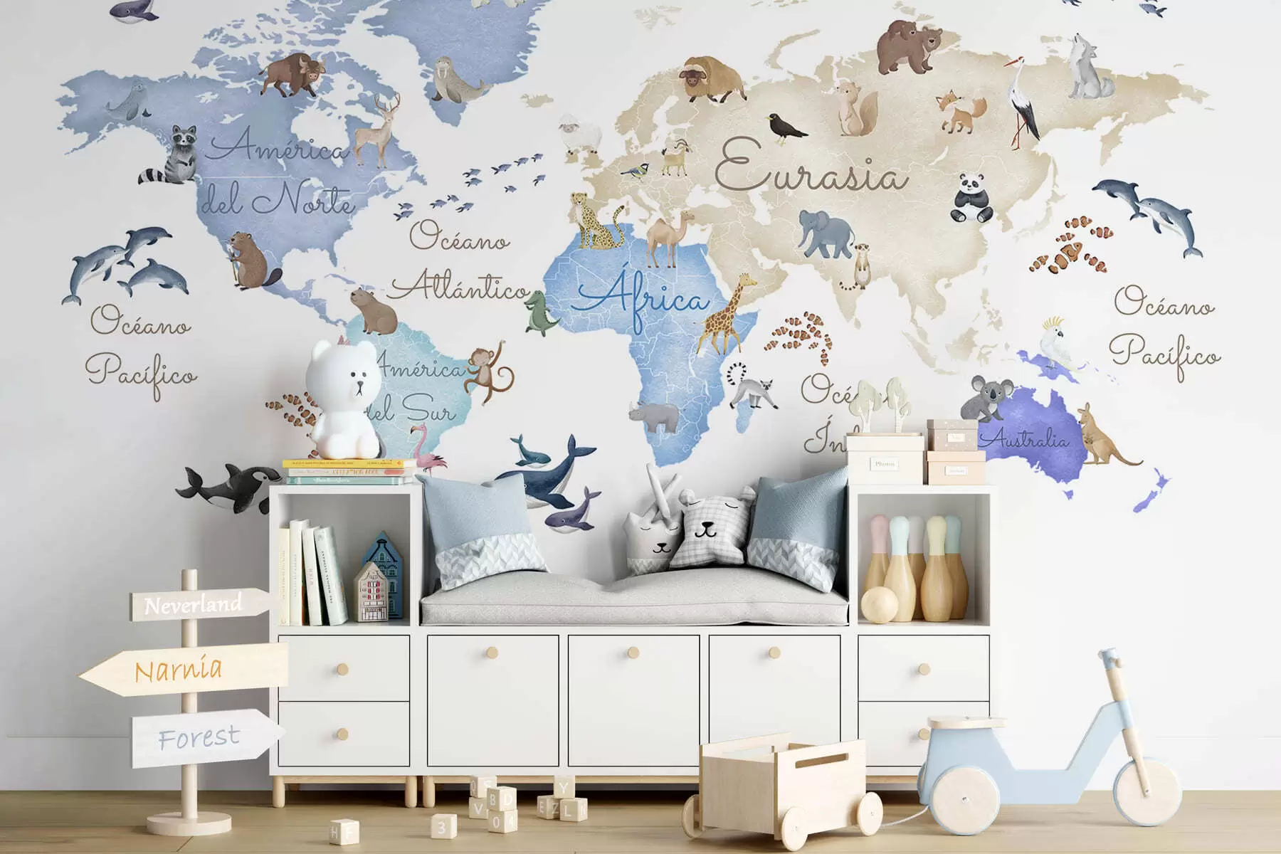 murales de pared Un mapa azul con estilo de acuarela en el que aparecen animales. Etiquetas en español c00012esv1