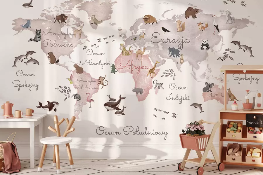murales de pared Un mapa en tonos beige, con un estilo de acuarela, en el que aparecen animales. Rótulos en polaco c00012plv3