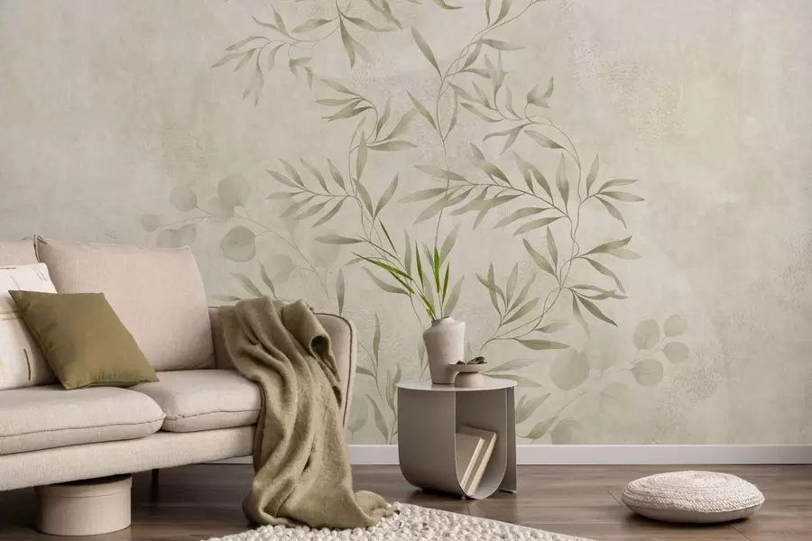 murales de pared Motivo botánico en tonos verde claro sobre un fondo texturizado w05424v1