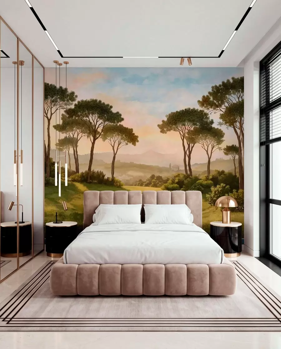 murales de pared Paisaje con árboles bajo la cálida luz del atardecer w05122