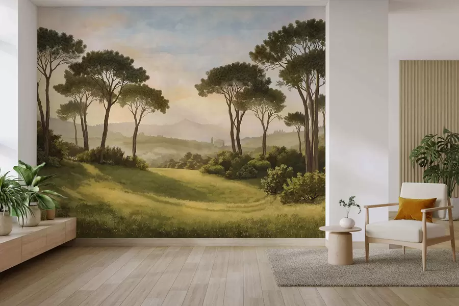 murales de pared Paisaje con árboles bajo la cálida luz del atardecer w05122