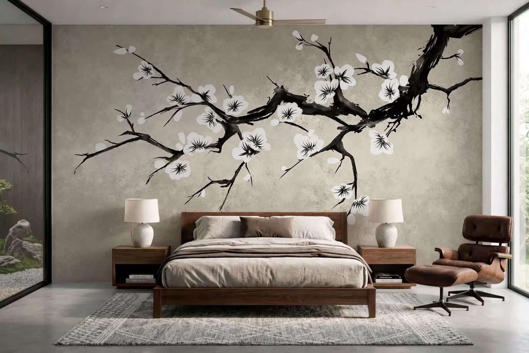 murales de pared Rama con flores blancas en estilo minimalista w05425