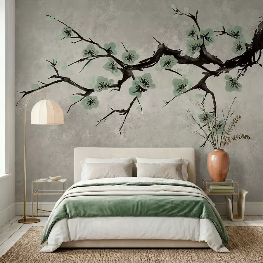 murales de pared Rama con flores verdes en tonos suaves w05425v2