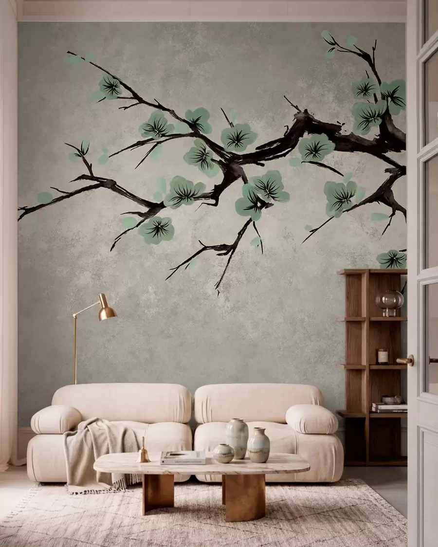 murales de pared Rama con flores verdes en tonos suaves w05425v2
