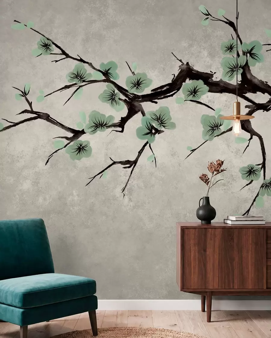 murales de pared Rama con flores verdes en tonos suaves w05425v2