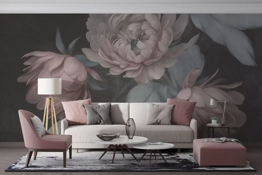 murales de pared Flores de peonía de color rosa claro con textura y hojas de un verde apagado sobre un fondo oscuro w09751v1