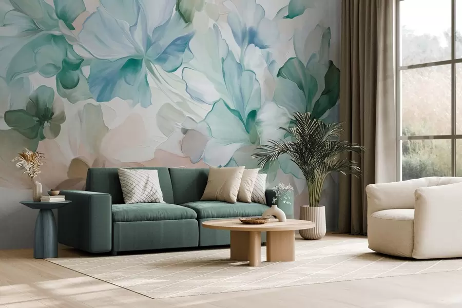 murales de pared Flores abstractas de fantasía en tonos verdes, azules y beige, con un estilo pictórico y texturizado w09767v1