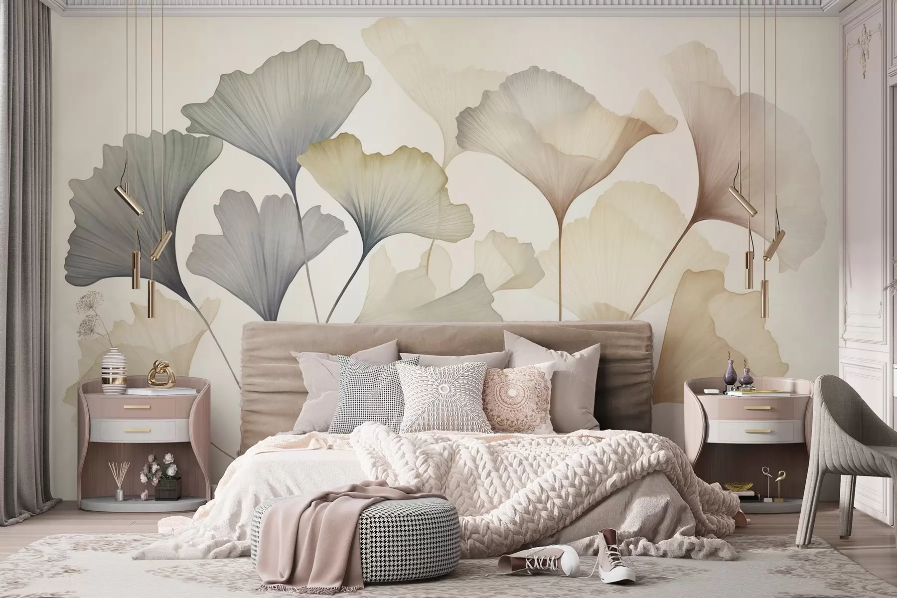 murales de pared Hoja de ginkgo abstracta en tonos pastel apagados, como el azul, el verde y el melocotón; obra de arte con textura w09810