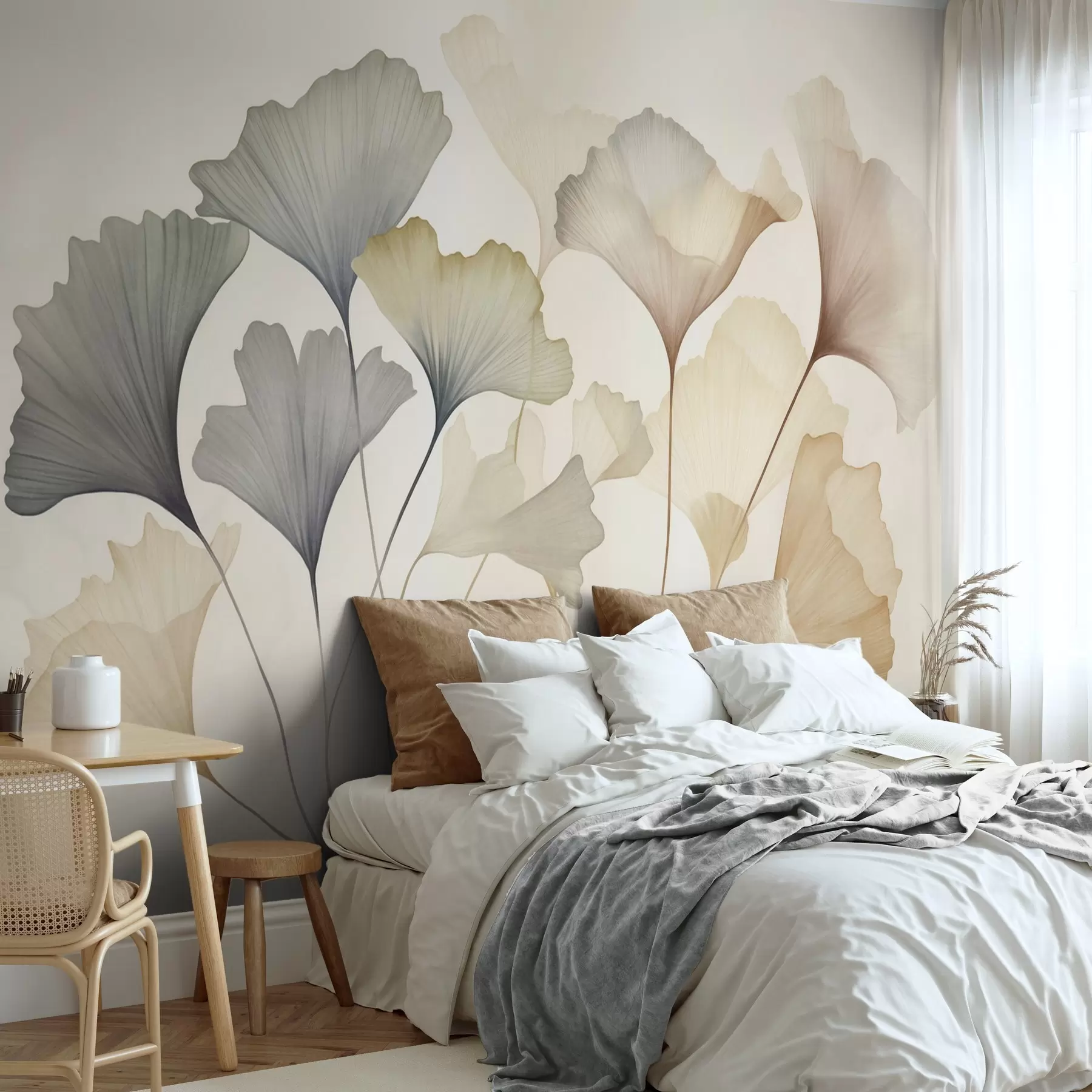 murales de pared Hoja de ginkgo abstracta en tonos pastel apagados, como el azul, el verde y el melocotón; obra de arte con textura w09810
