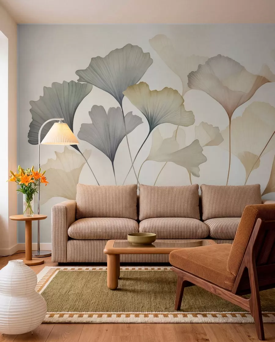 murales de pared Hoja de ginkgo abstracta en tonos pastel apagados, como el azul, el verde y el melocotón; obra de arte con textura w09810
