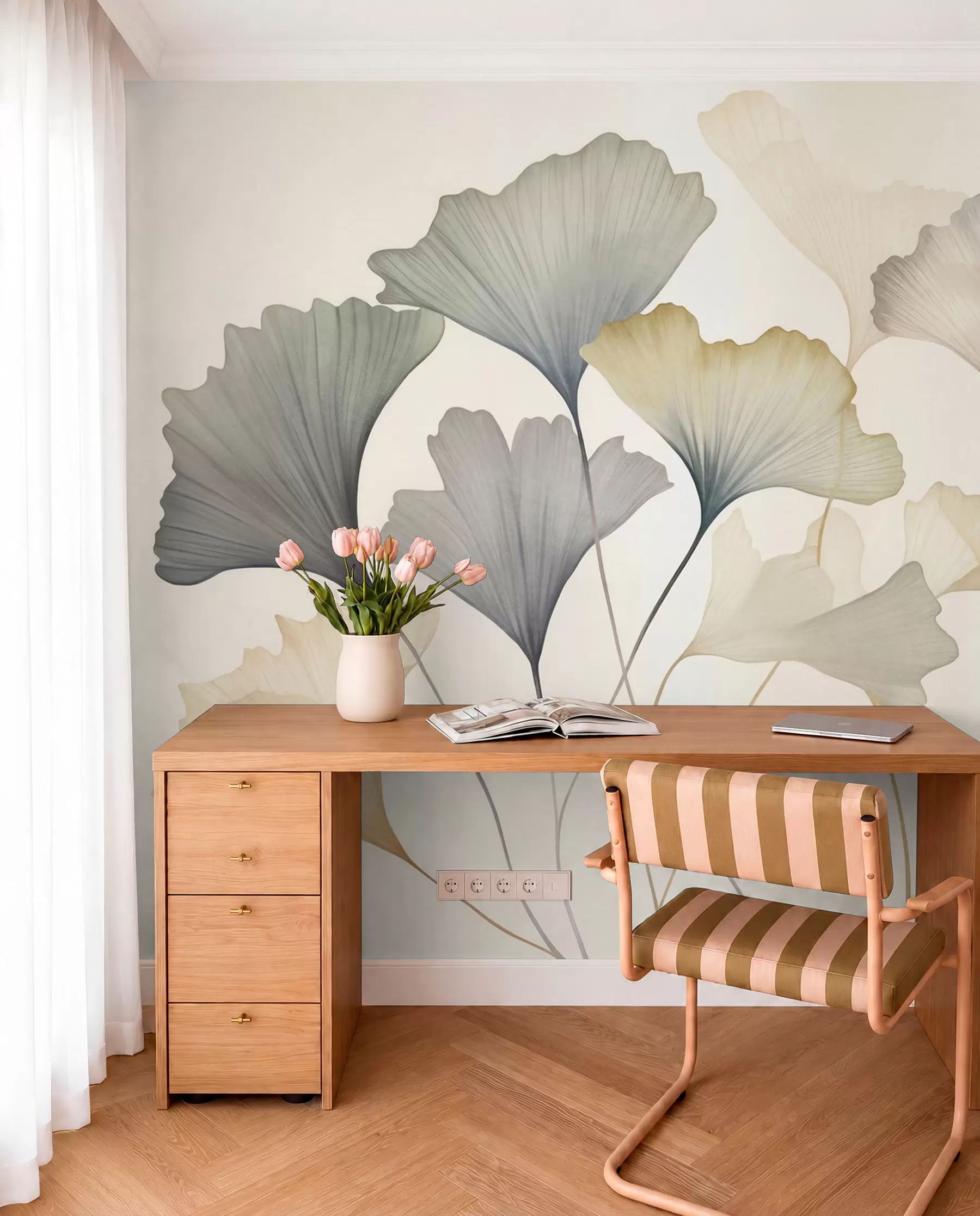 murales de pared Hoja de ginkgo abstracta en tonos pastel apagados, como el azul, el verde y el melocotón; obra de arte con textura w09810