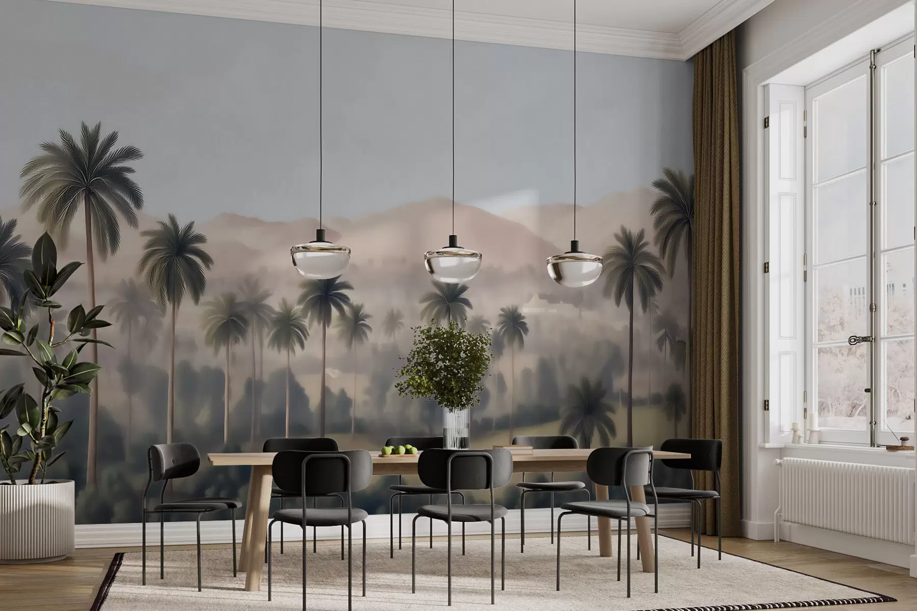 murales de pared Paisaje tropical con palmeras y montañas, panorámica de estilo vintage en tonos beige y verdes w09798