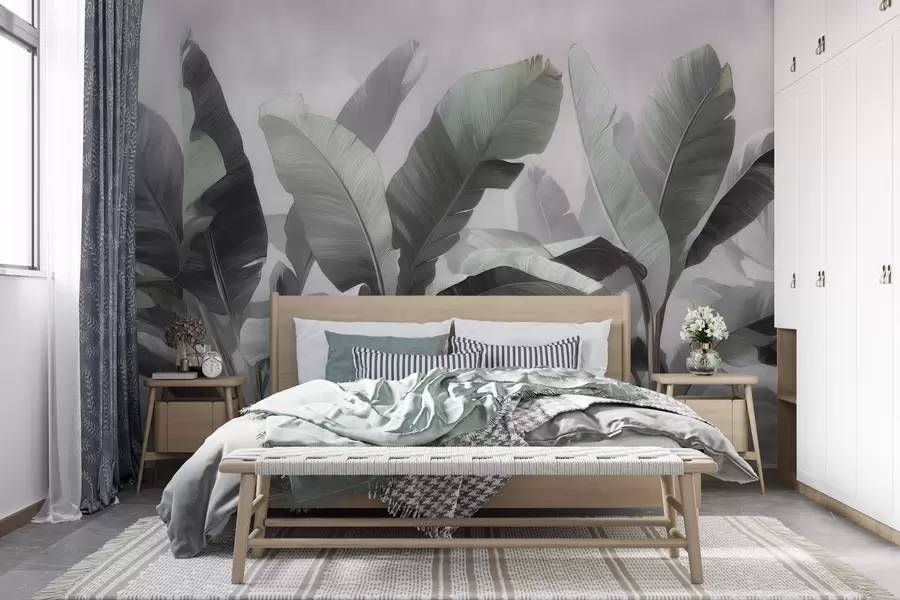 murales de pared Hojas de plátano tropicales de gran tamaño en una paleta neutra con suaves tonos gris verdosos w09805