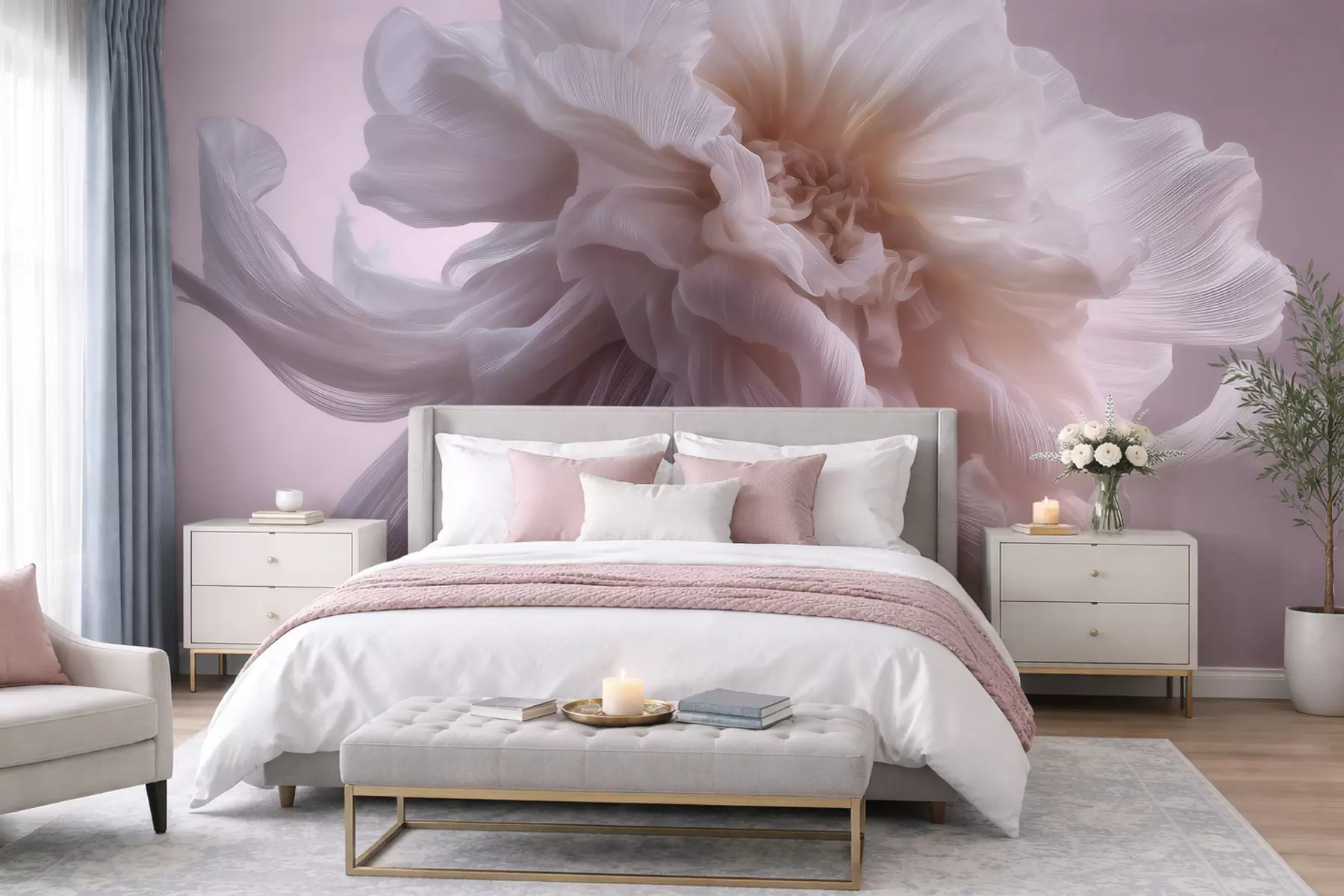 murales de pared Flor de seda con volumen en tonos rosa pálido y beige w09809