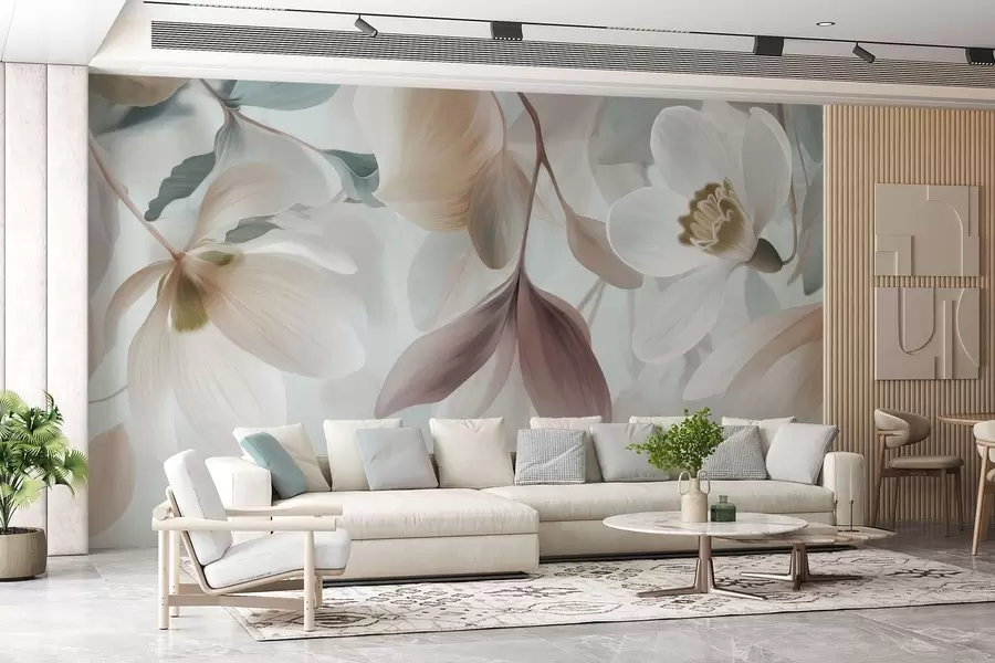 murales de pared una delicada composición de flores y hojas en tonos pastel w05240