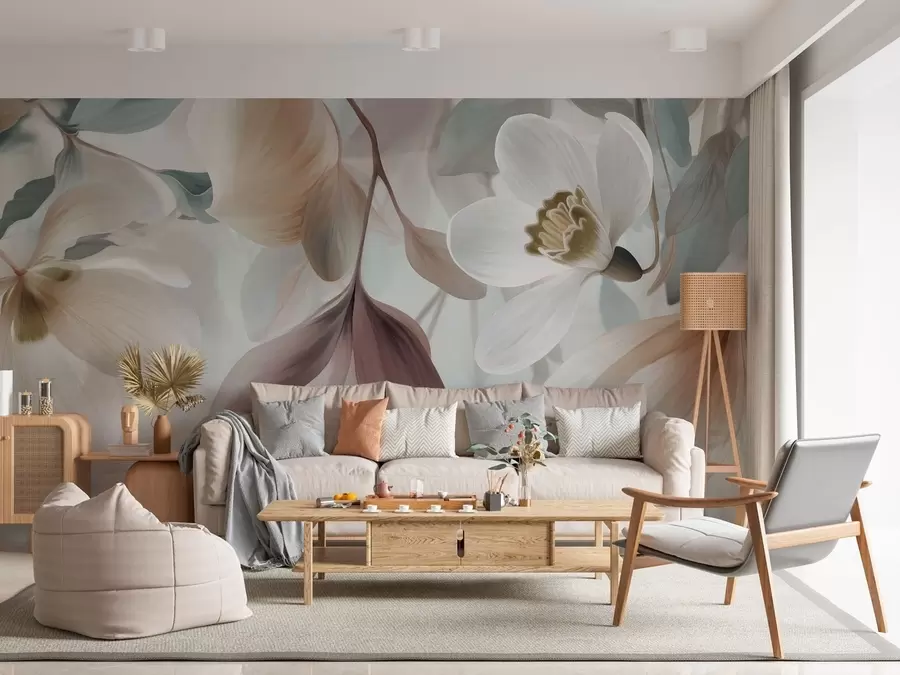 murales de pared una delicada composición de flores y hojas en tonos pastel w05240