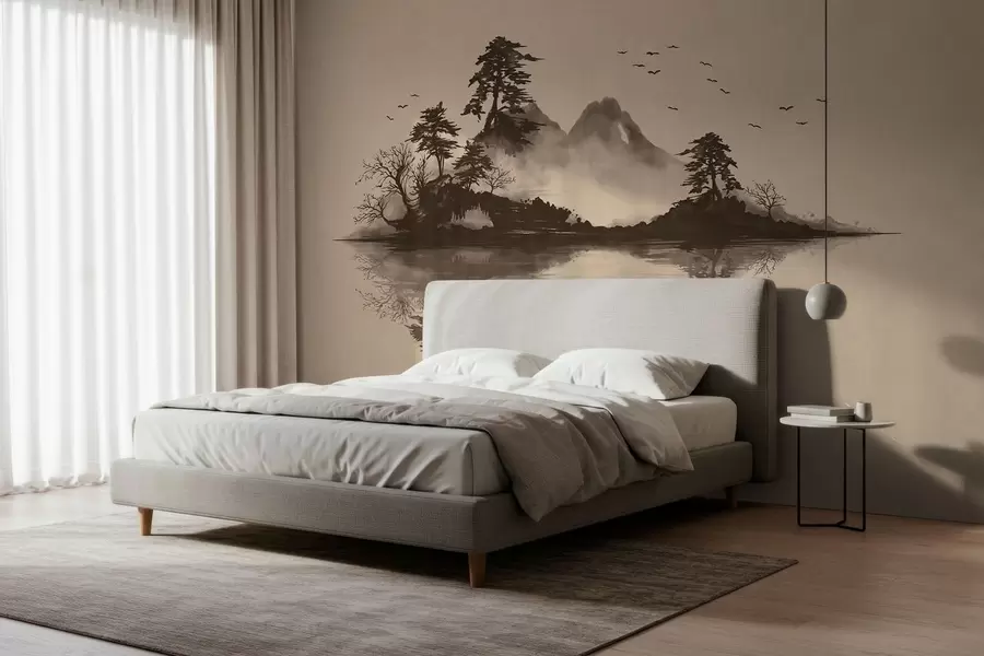 murales de pared Paisaje montañoso en estilo sumi-e con pinos y reflejos w05124