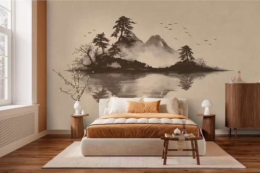 murales de pared Paisaje montañoso en estilo sumi-e con pinos y reflejos w05124