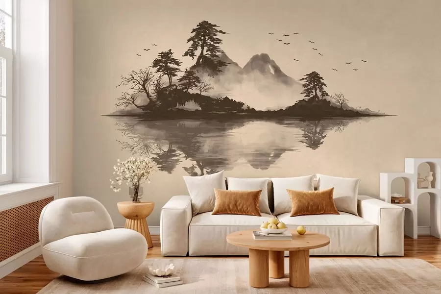 murales de pared Paisaje montañoso en estilo sumi-e con pinos y reflejos w05124