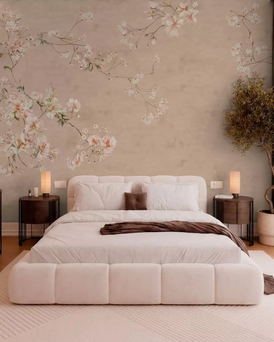 murales de pared Ramas florales de estilo chinoiserie sobre un fondo beige cálido w05427v2