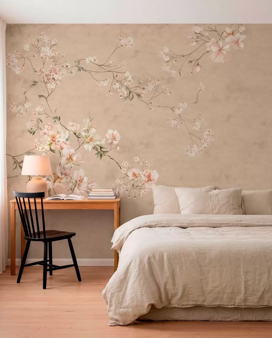 murales de pared Ramas florales de estilo chinoiserie sobre un fondo beige cálido w05427v2