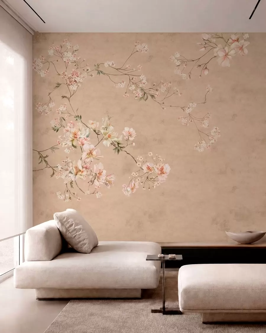 murales de pared Ramas florales de estilo chinoiserie sobre un fondo beige cálido w05427v2