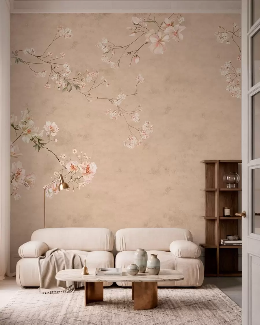 murales de pared Ramas florales de estilo chinoiserie sobre un fondo beige cálido w05427v2
