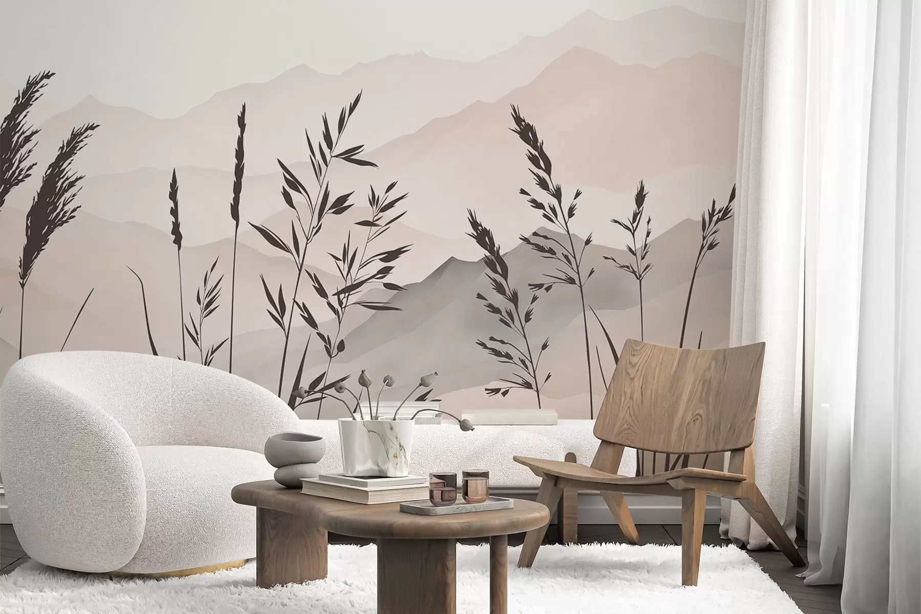 murales de pared Siluetas de hierba con las montañas de fondo w05501