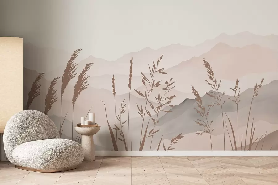 murales de pared Siluetas de hierba con las montañas de fondo w05501v1