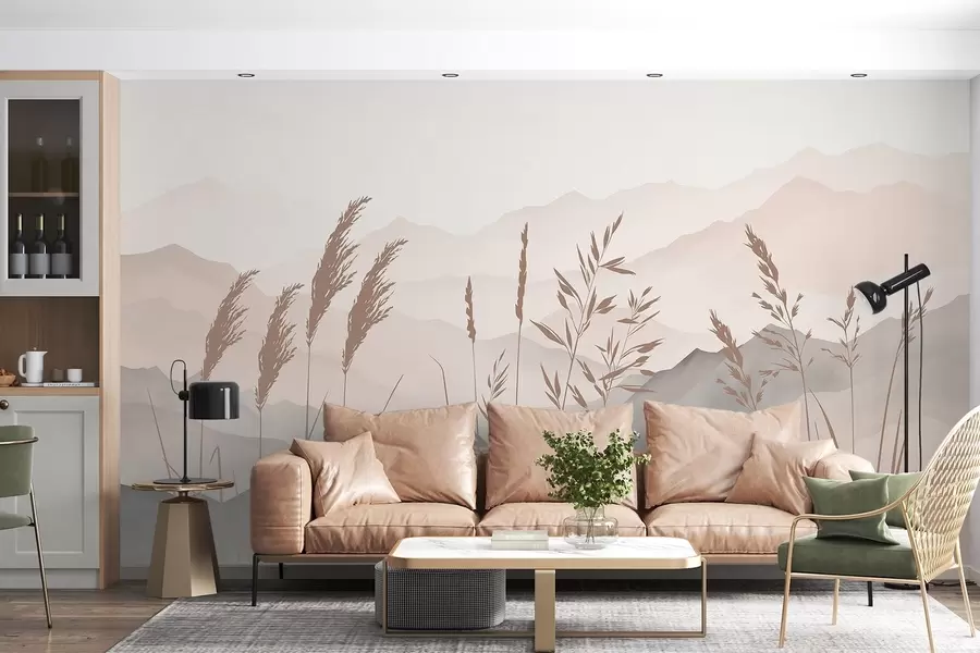 murales de pared Siluetas de hierba con las montañas de fondo w05501v1
