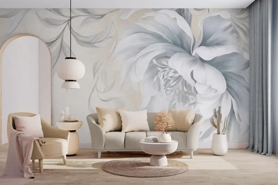murales de pared Peonía grande y con relieve, de pétalos delicados y hojas grises, pintada con un estilo suave w09647