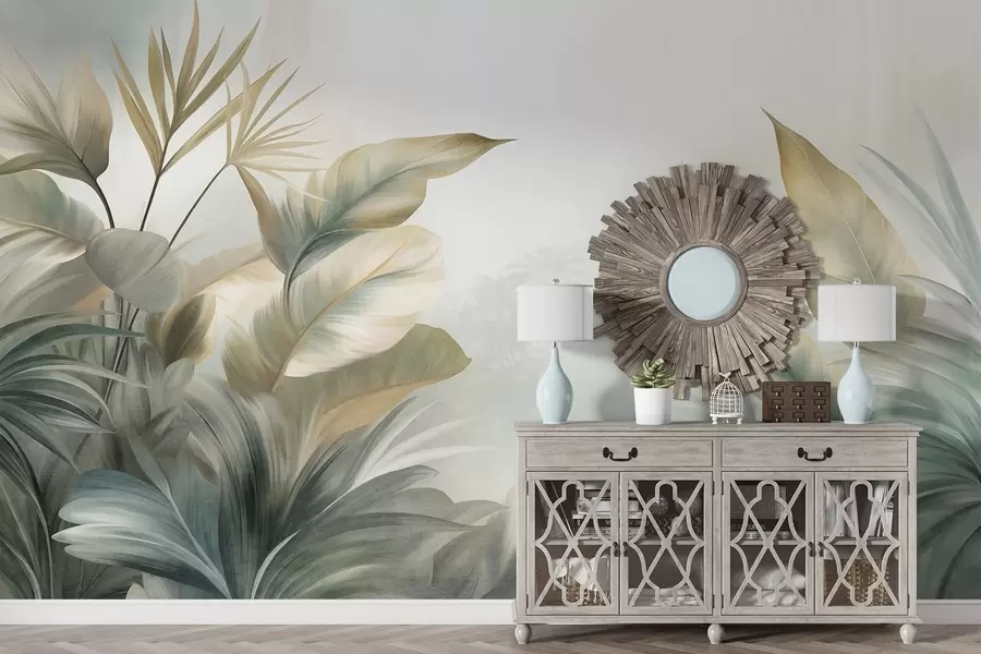 murales de pared Hojas tropicales grandes y con textura en tonos apagados de verde y beige, un ambiente selvático w09820