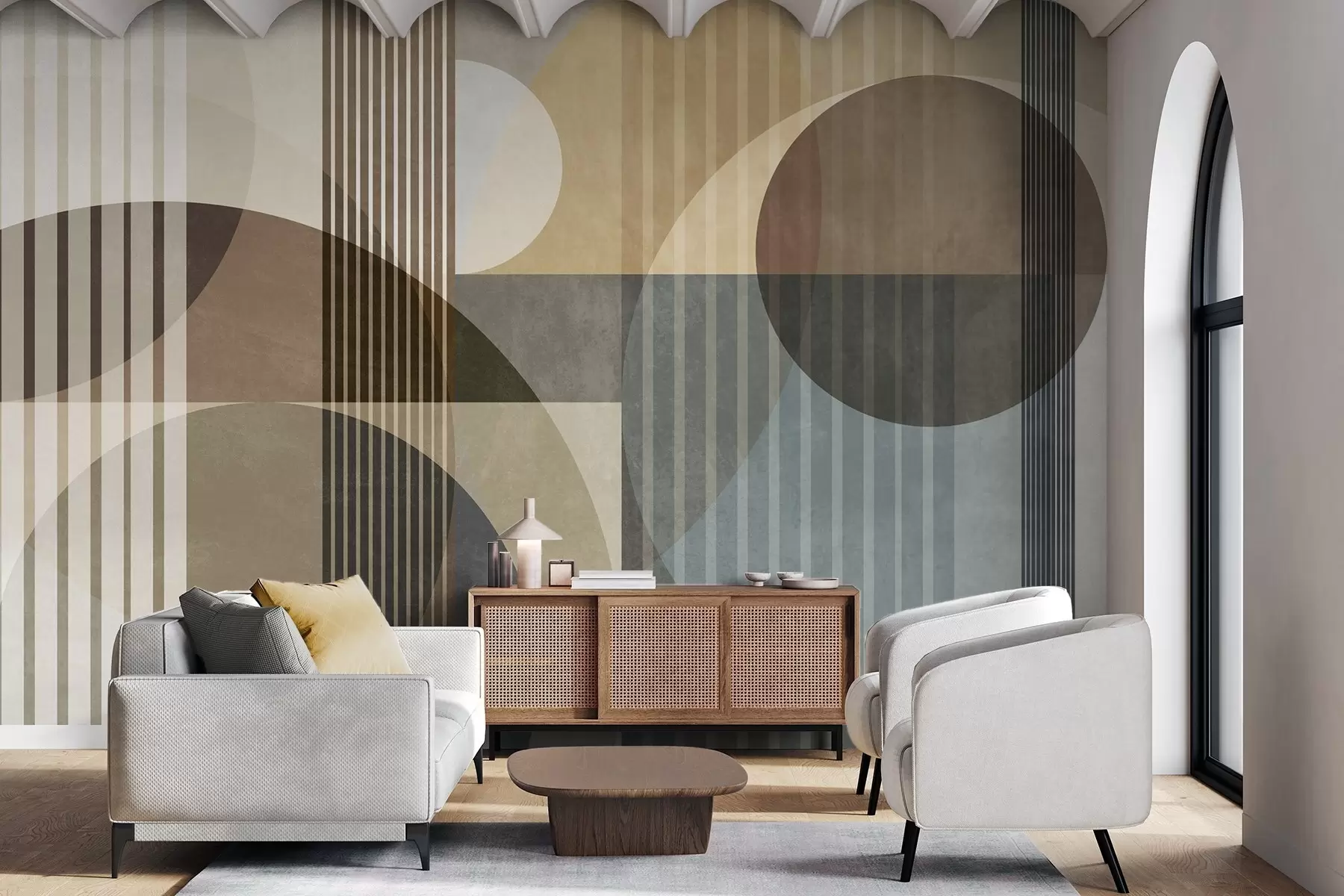 murales de pared Formas geométricas abstractas con círculos y líneas, tonos tierra apagados, composición con texturas y capas w09834