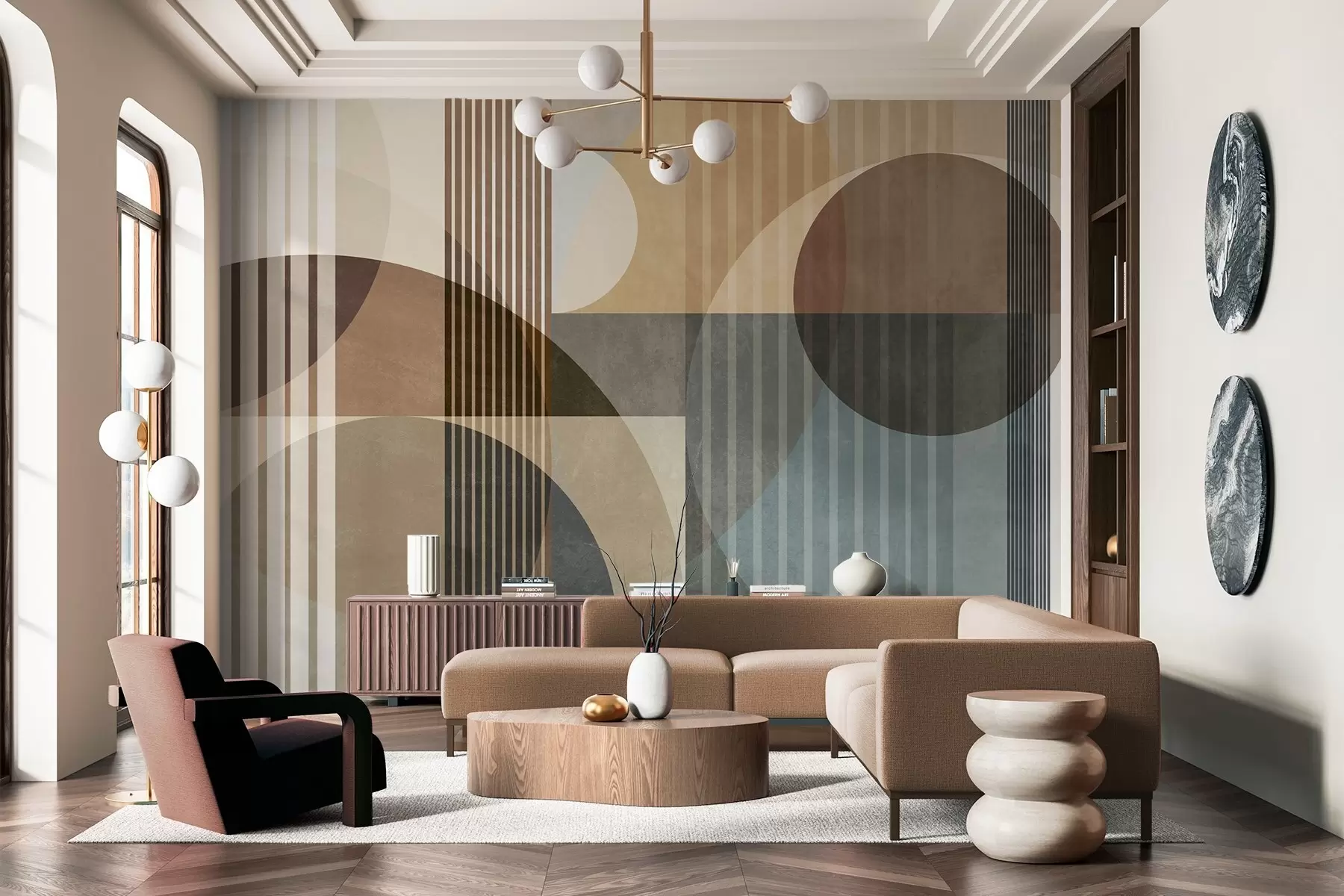 murales de pared Formas geométricas abstractas con círculos y líneas, tonos tierra apagados, composición con texturas y capas w09834