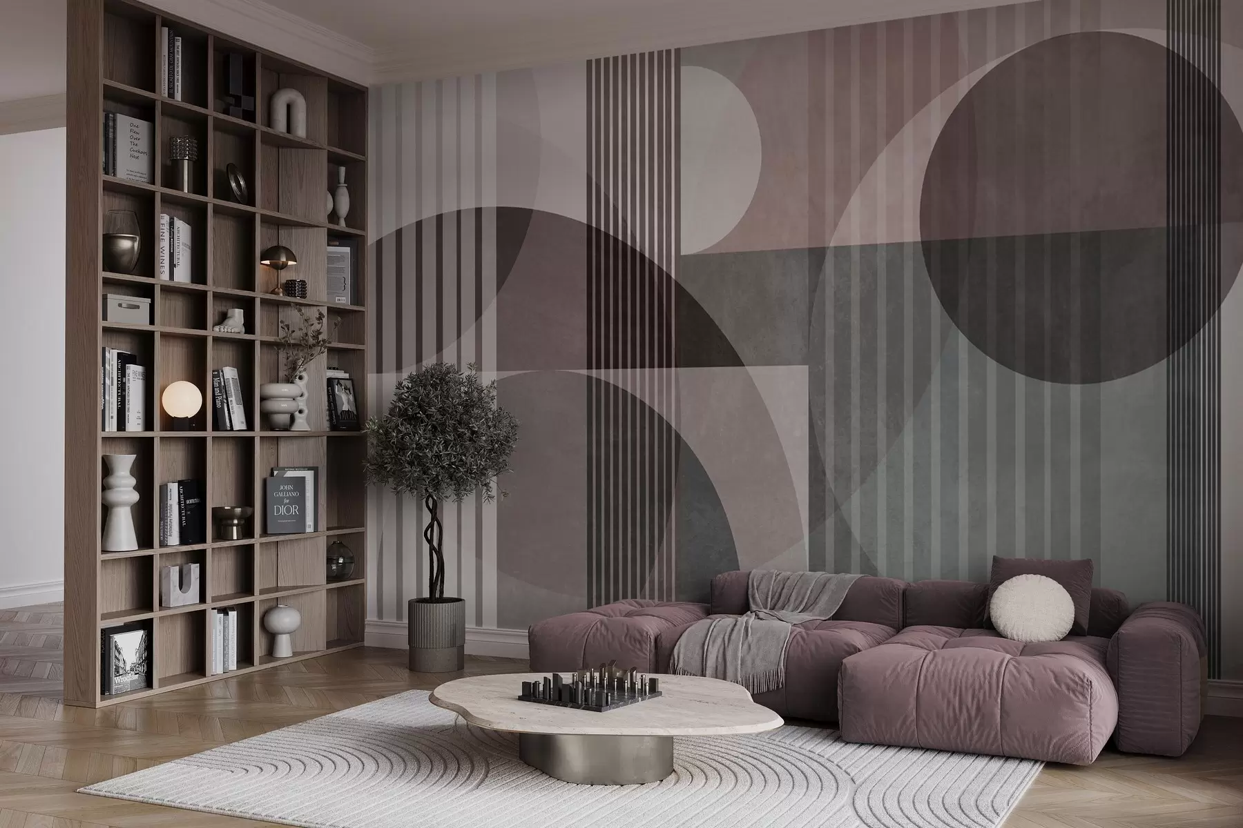 murales de pared Formas geométricas abstractas con círculos y líneas, tonos apagados, textura y composición en capas w09834v1