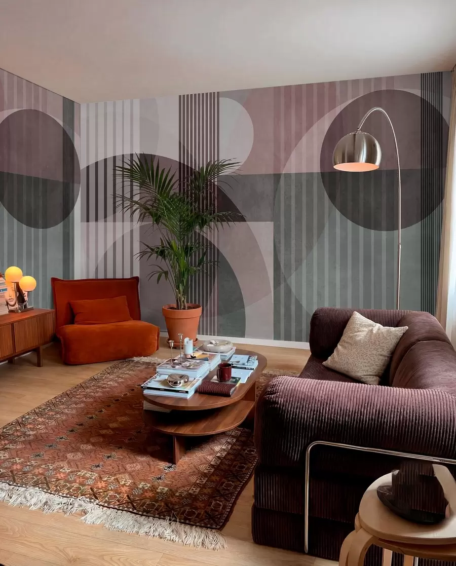 murales de pared Formas geométricas abstractas con círculos y líneas, tonos apagados, textura y composición en capas w09834v1