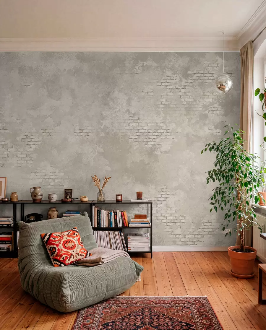 murales de pared Yeso ligero de estilo grunge con zonas de ladrillo visto w05161v1