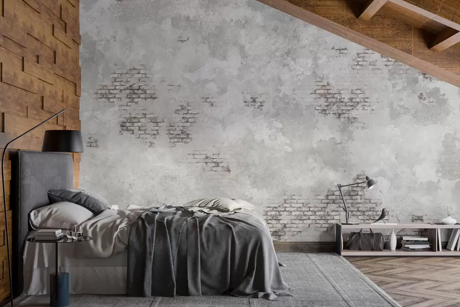 murales de pared Yeso gris de estilo grunge con zonas de ladrillo visto w05161v2
