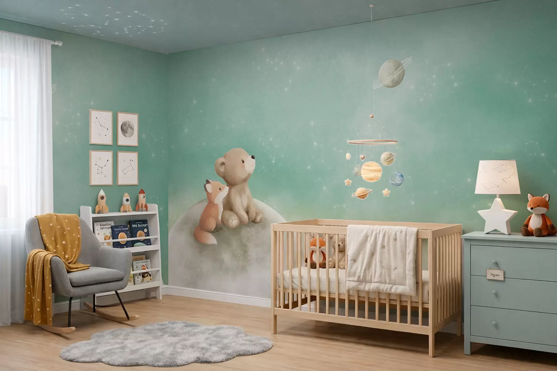 murales de pared Ilustración al pastel de un oso y un zorro bajo un cielo verde w05431v1