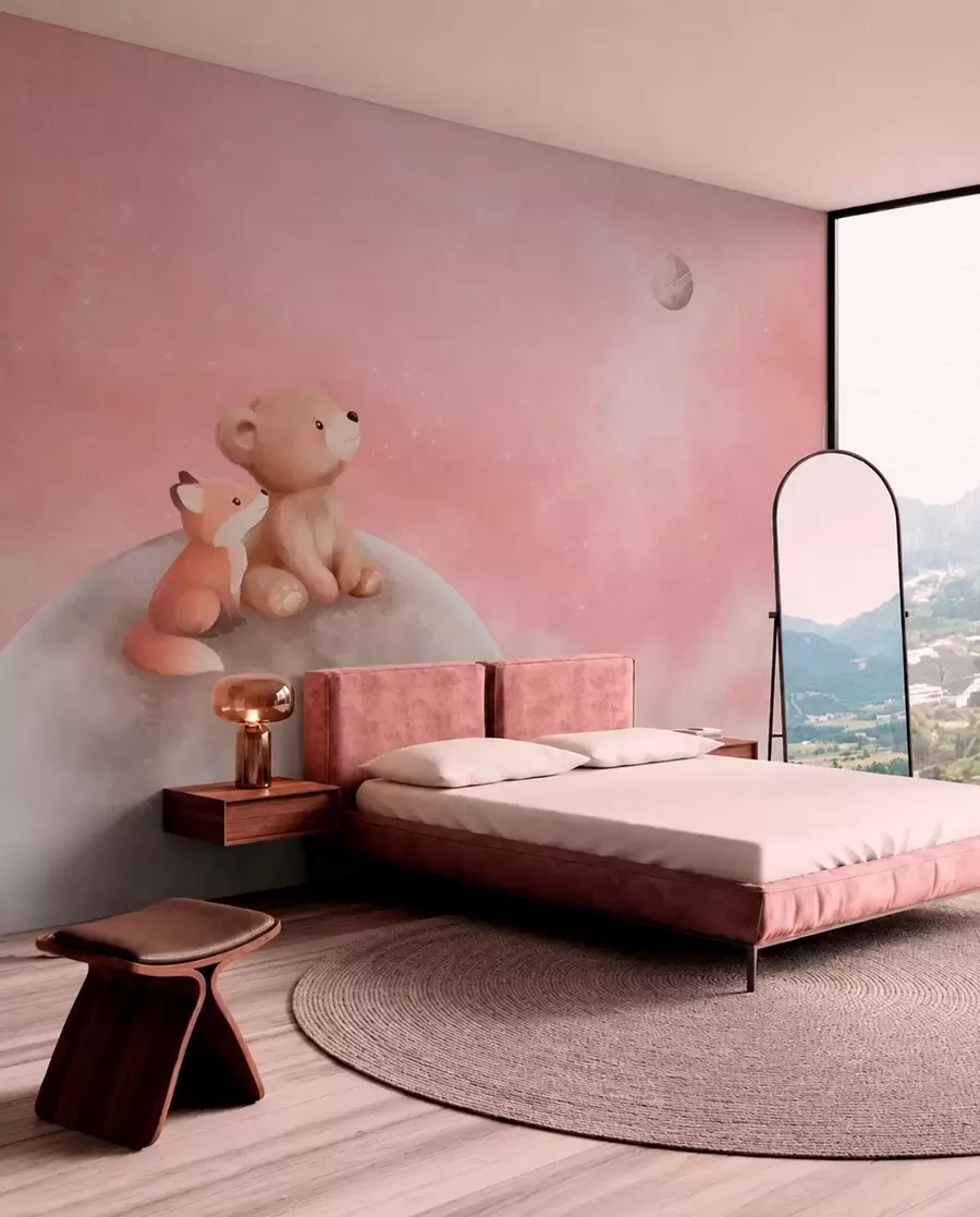 murales de pared Ilustración al pastel de un oso y un zorro bajo un cielo rosa con la luna w05431v2