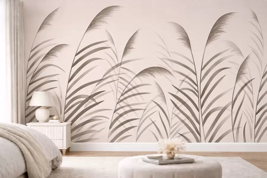 murales de pared Siluetas minimalistas de caña en tonos beige w05432
