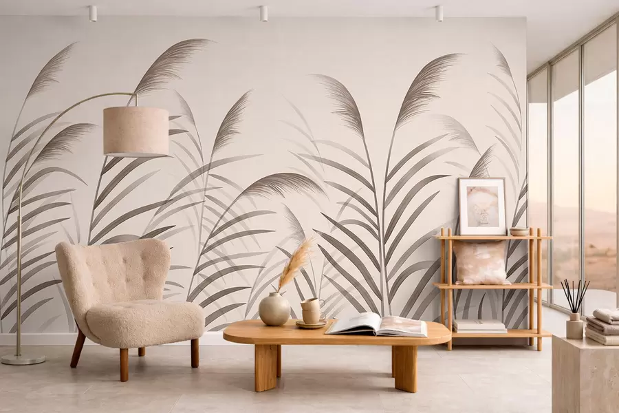 murales de pared Siluetas minimalistas de caña en tonos beige w05432