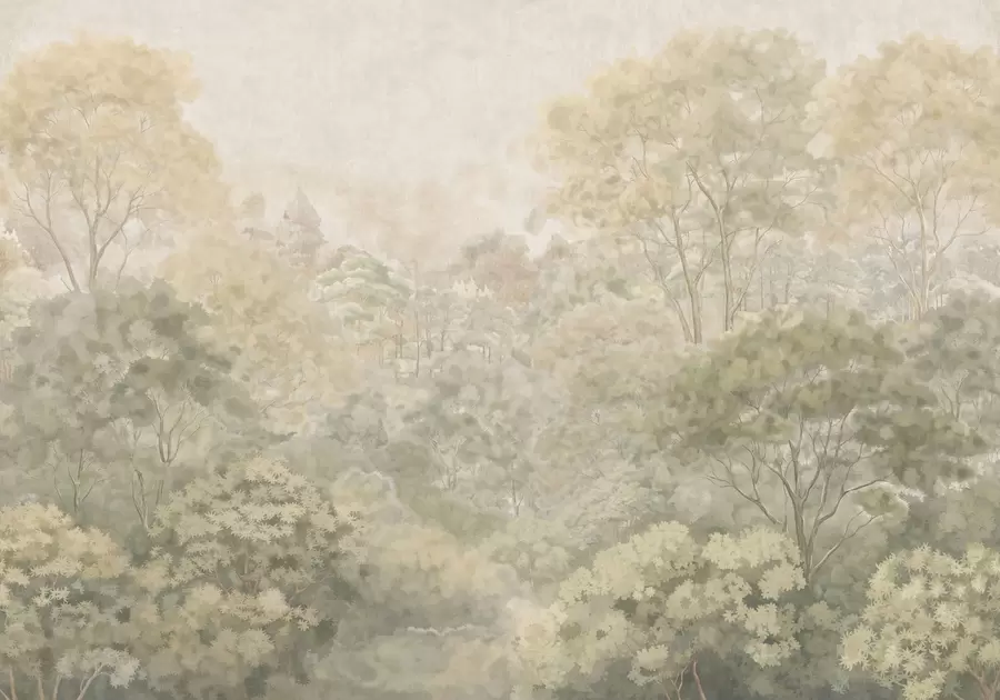murales de pared Paisaje forestal de estilo vintage en tonos verdes apagados w05433